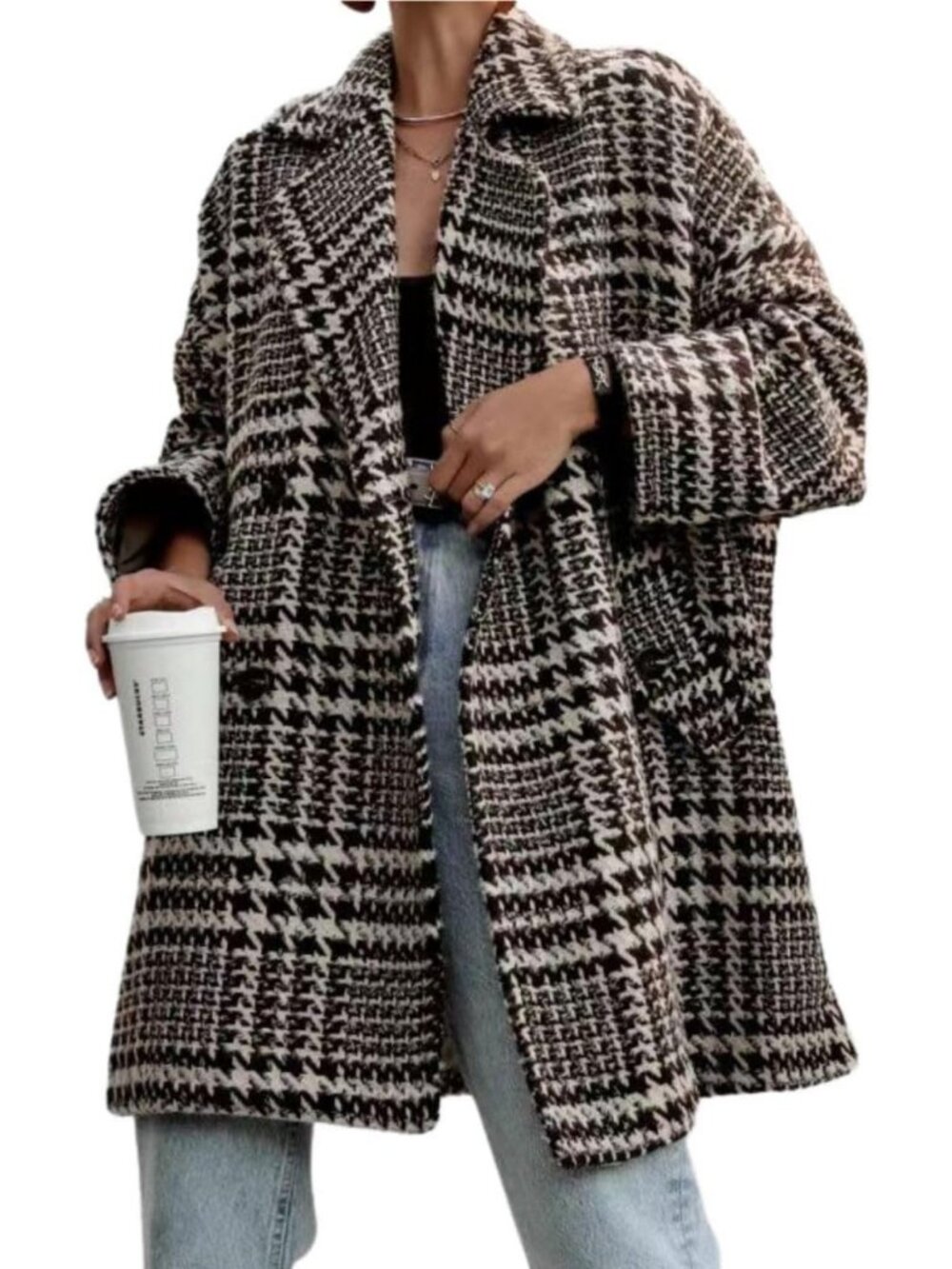 Stylish Women's Winter Houndstooth Wool Blend Peacoat - Warm, Loose Fit